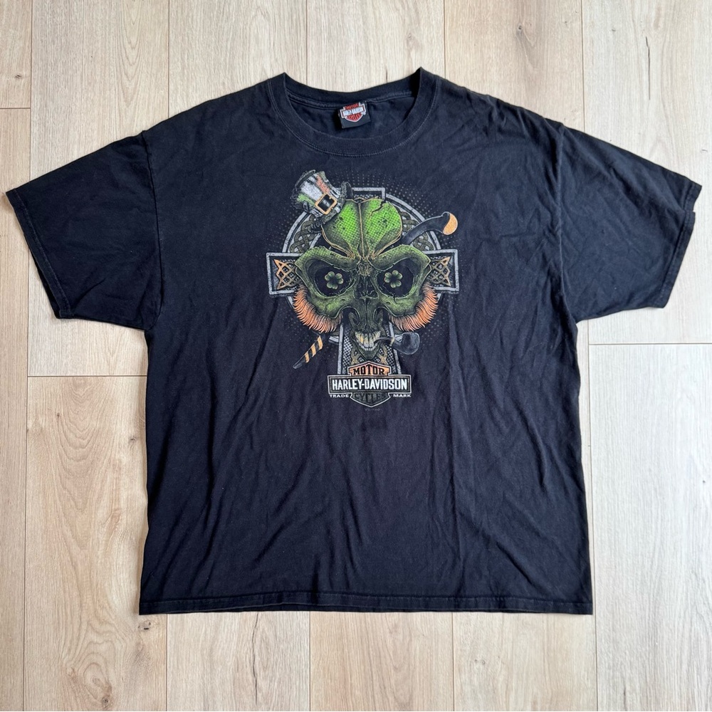 Vintage Harley-Davidson Lucky Skull Shamrock St. Patrick’s Day T-Shirt XL Black